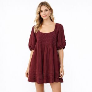 Uncle Frank Dress Womens Medium Red Smocked Puff Sleeve Cotton Boho Swing Mini